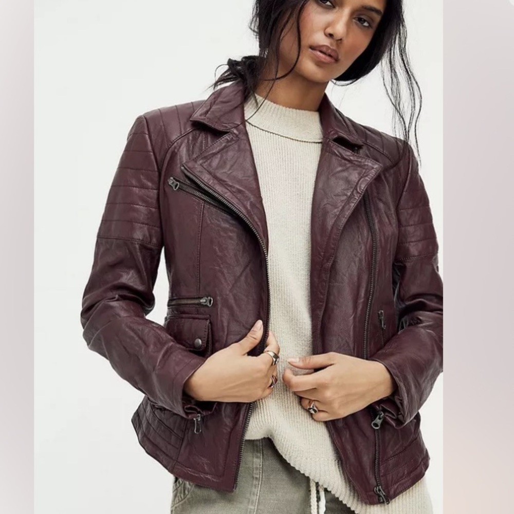 Free People Deep Burgundy Leather Jacket